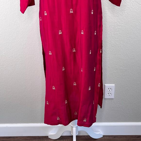 Fuchsia Pink Gold Chikankari Indian High Slits Half Sleeve Kurta Tunic Top M/L - Picture 5 of 13